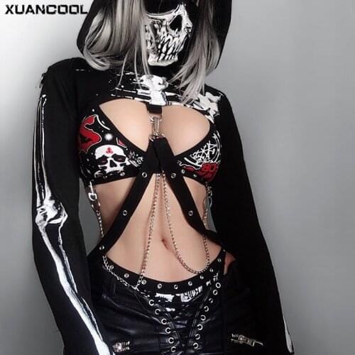XUANCOOL Goth Punk Style Womens Hoodie Cotton Black Clothes Halloween Skull Printed Street wear Personality Hold Thumb Webbing