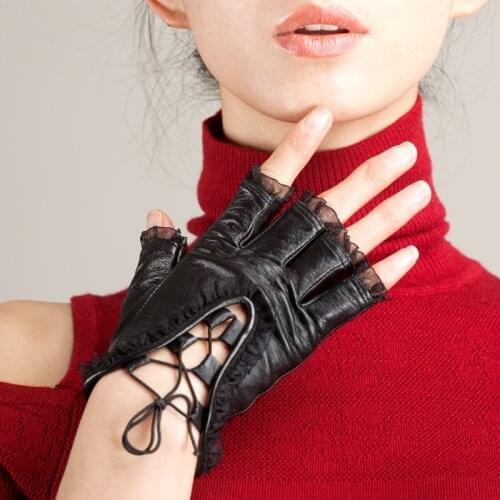 Women Elegant Genuine Leather Gloves Lace Trim Sheepskin Gloves Sex Ladies Summer Sunscreen Driving Leather Gloves Black AGD519
