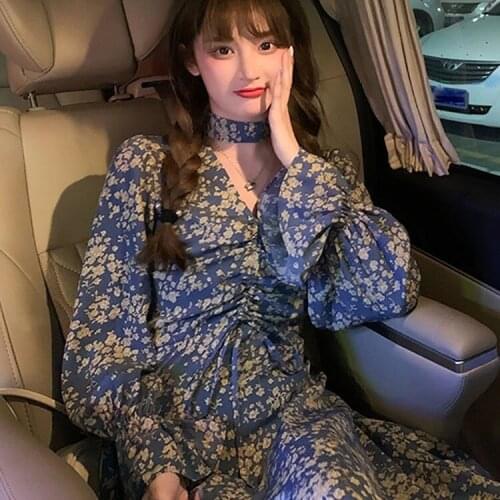 Woman Dresses Womens Long-Sleeved Floral Dress for Autumn and Winter Vestido De Mujer Femme Robe