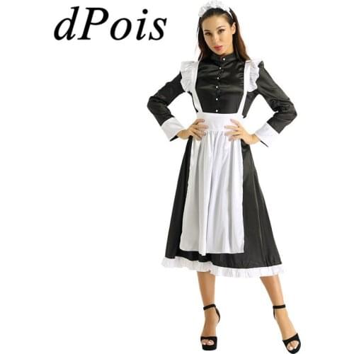 3Pcs Womens Adult Maid Cosplay Costume Outfit Clubwear Long Sleeves Front Button Down Long Maxi Fancy Dress + Apron Headpiece