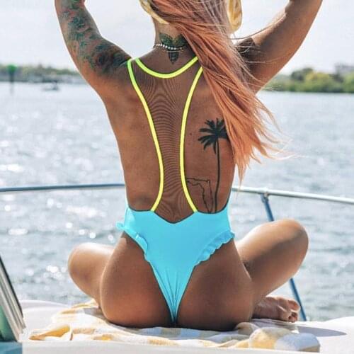 Misswim Thong swimsuit one piece bodysuit Ruffle sexy bikini 2019 Mesh swimwear women V neck bathing suit Monokini Swimming suit