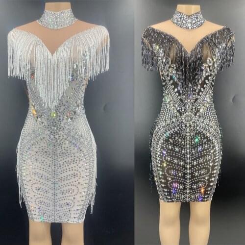 Sparkly Silver Rhinestone Dress Fringe Dresses Evening Birthday Celebrate Prom Short Dress Women Mesh Dress Latin Dress XS2226