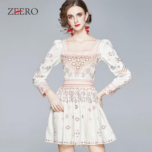 Spring Autumn Fashion Women Runway Geometric Print Square Collar Half Sleeve Dress Female Casual Vintage Slim White Mini Dresses