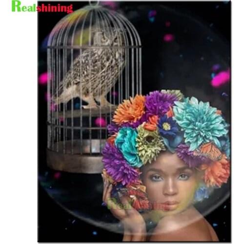 100% Drill Round square Diamond Painting African woman and owl birdcage Diamond Mosaic Decoration Picture Of Rhinestone N2215