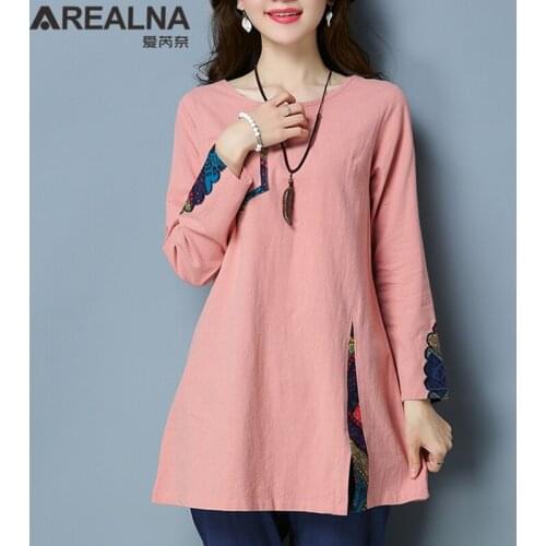 Fashion Vintage Embroidery Patchwork Blouse Women Long Sleeve Cotton Linen Plus Size Blouses Pink Oversized Shirt Woman Clothes