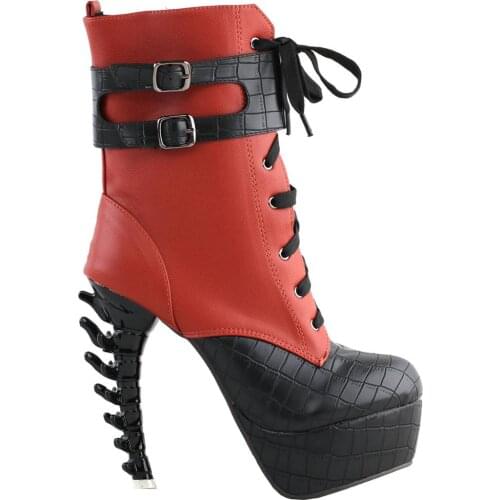 LF80714 SHOW STORY Cool Brown Black Two Tone Lace-Up Buckle High-top Bone Heels Platform Ankle Boots