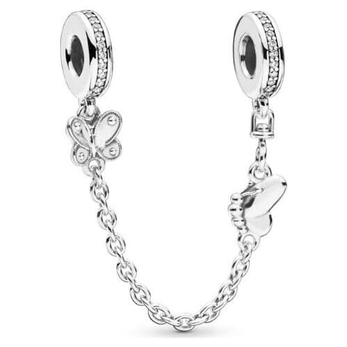 Genuine 925 Sterling Silver Bead Charm Two Decorative Butterflies Safety Chain Beads Fit Pan Bracelet & Necklace Jewelry