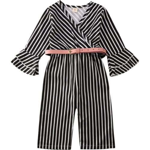 Toddler Romper 2pcs Toddler Baby Girl Striped Long Sleeve V-neck Romper +Belt Jumpsuit Pants Outfits Clothes Size 1-5Y
