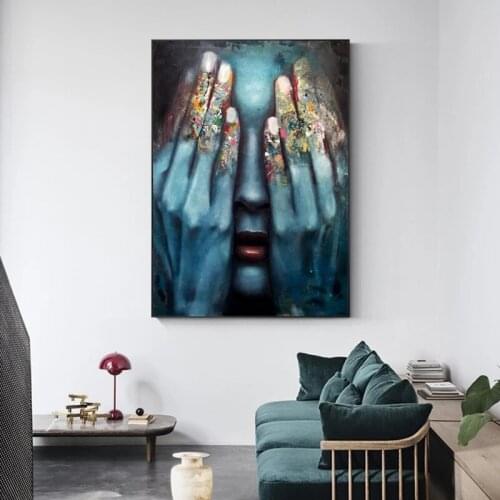 Graffiti Art Woman Hands Cover Face Canvas Painting Abstract Portrait Posters Wall Pictures for Living Room Home Decor