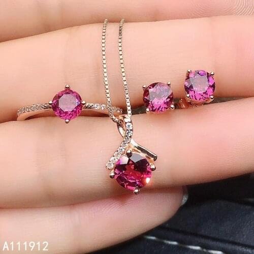 KJJEAXCMY fine jewelry natural garnet 925 sterling silver women pendant necklace chain ring earrings set support test elegant