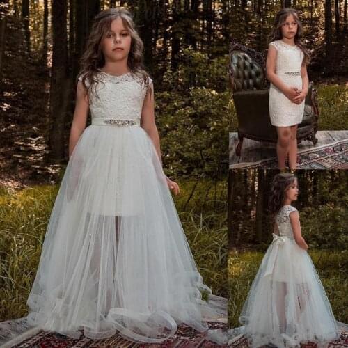 Lace Flower Girl Dresses With Removable Skirts for Wedding Party Beaded Waistline Childrens Birthday Party Gowns
