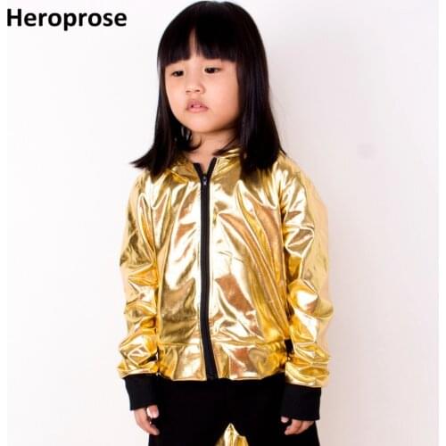 Heroprose 2018 Fashion Girls Boys Gold Jazz Hip Hop Dance Competition Coat Kid Clothing Party Dancing Stage Performance Jacket