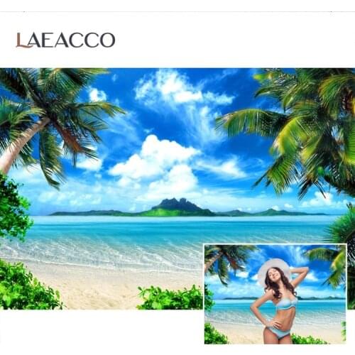 Laeacco Summer Tropical Backgrounds For Photography Palms Tree Sea Beach Sand Holiday Blue Sky Cloudy Scenic Photo Backdrops