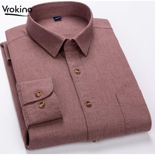 VROKINO brand 5XL 6XL 7XL Mens long-sleeved 100% cotton striped shirt 2020 autumn and winter new solid color youth casual shirt