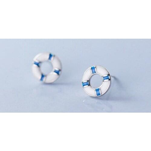 New Creative Marine Wind Boat Lifebuoy 925 Sterling Silver Jewelry Personality Blue White Swimming Circle Stud Earrings SE944