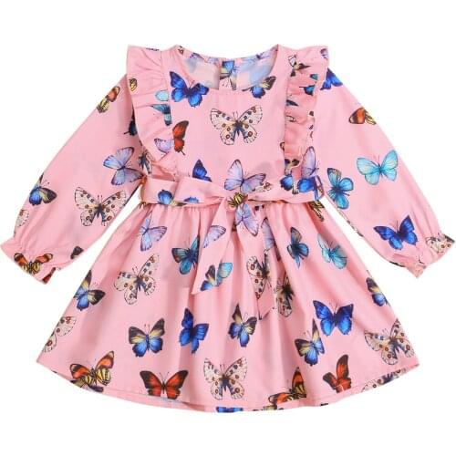 2-7Years Kids Baby Girl Long Sleeve Dress for Autumn Spring Round Collar Ruffles Bow Tied Dress Butterfly Printed A-Line Dress