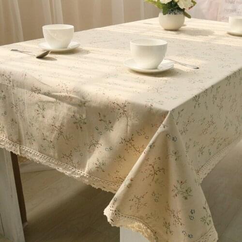 Korean Floral Fresh Printed Cotton Linen Tablecloth with Lace Hem for Living Dining Room Picnic Mat Home Cushion Cover Decor