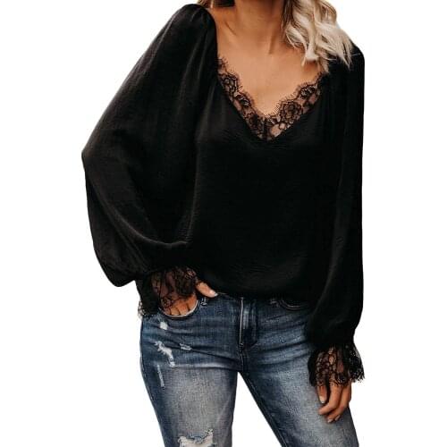 2020 Spring T- Shirts Women Lace Full lantern Sleeve Office Lady Women Clothing Lace V-Neck Solid Loose Lady Casual Hot T-Shirts