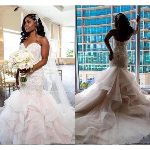 South African Mermaid Wedding Dresses Sweet Heart Covered Button Appliques Beads Cascading Ruffles Bridal Gowns Custom Made 2021