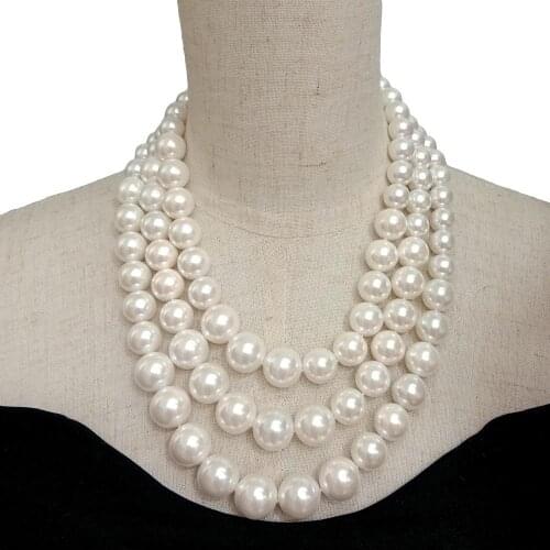 YYGEM 17.5"-22.5" 3 Strands 11mm-15mm White Sea Shell Pearl Graduated choker Necklace Wedding for women