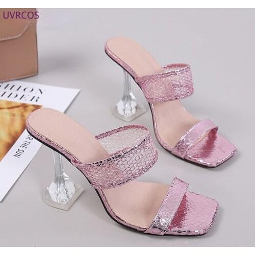 Newly Arrived Gold Silver Pink Snake Print Mule Heels Sandals Slippers Women High Heels Square Toe Slides Party Shoes Size 45 46