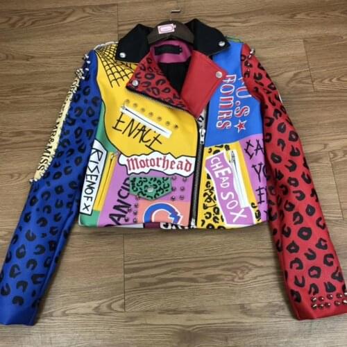 New Graffiti studs rivet beading pu leather coats Women cartoon Print Leather Jacket Punk Rock Cropped Jackets F2015 dropship