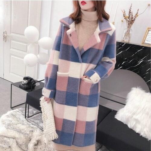 Women Water Velvet Plaid Cardigan 2019 Autumn Winter New Water Velvet Knit Cardigan Female Long Splice Jackets Women Warm Coats