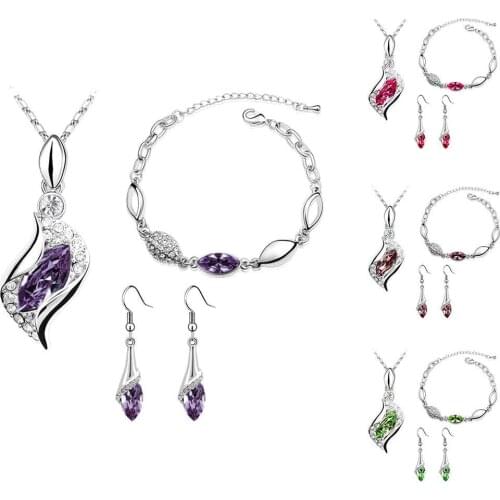 Women Rhinestone Geometric Pendant Necklace Bracelet Hook Earrings Jewelry Set