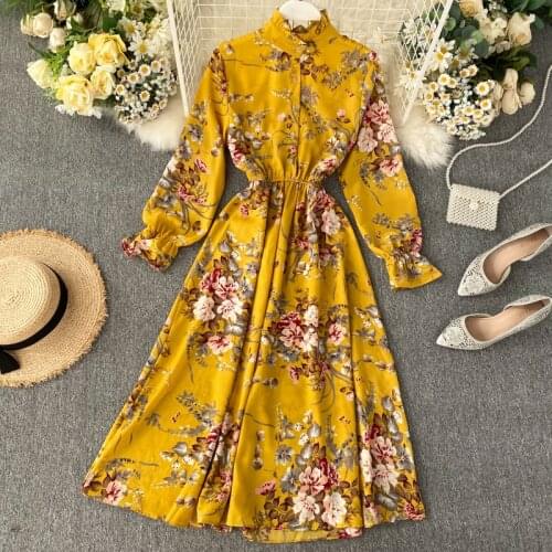 Spring Autumn Girl Vestido Women Casual Elegant Office Vintage Long Sleeve Loose Bohemian Floral Print Pleated Maxi Floor Dress