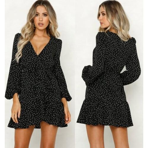 Autumn 2020 Winter Women Dress Vintage Chiffon Dresses Long Sleeve Female Sexy V-Neck Elegant Dot Printed Dresses Party Vestidos