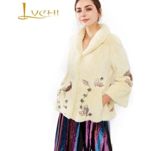 LVCHI Winter 2019 Womens Natural Fur Slim Coat Causal Flare Sleeve Mink Coats Imported Velvet Turn-Down Collar Short Mink Coats