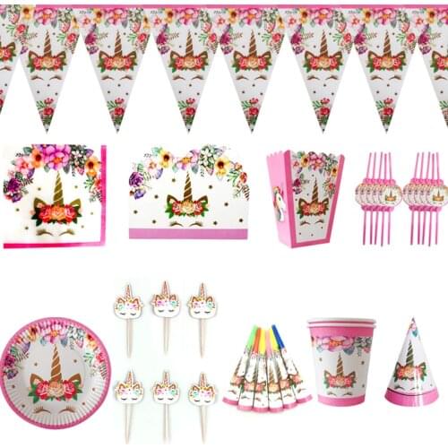130pcs/lot Unicorn Banner Cups Plates Birthday Party Popcorn Boxes Napkins Cake Toppers Invitation Cards Straws Hats Tableware