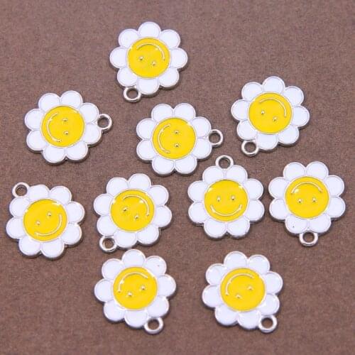 6pcs 26*18MM Smiley Face Sunflower Enamel Charms Oil Drop Flowers Pendants For Women DIY Jewelry Bracelet Earring Accessory