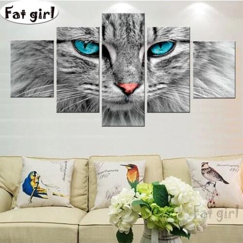 Diamond Painting 5d Diy Full Square round Gray cat with blue eyes Embroidery Mosaic cross stitch animal modern Decorations Home