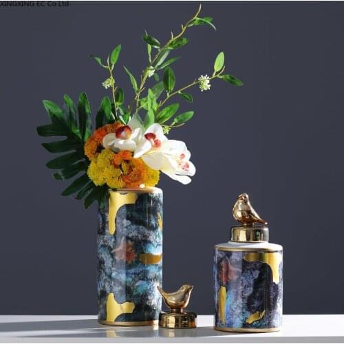 American Creative Ceramic Storage Tank Decoration Storage Tank with Lid European Style Home Living Room Wine Cabinet Decorations