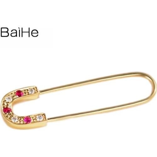 BAIHE Solid 14K Yellow Gold 0.03ct H/SI Natural Diamonds Wedding Trendy Fine Jewelry Gift Diamond Ruby Pin Brooch Women брошь
