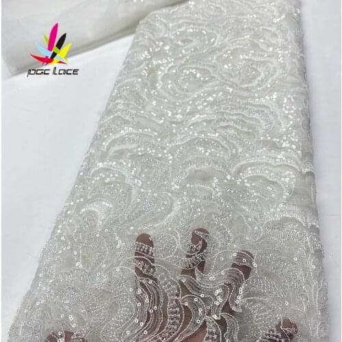 White Beads Sequin Mesh Tulle Lace Fabric Embroidery French Handmade Beaded Luxury Fabric Sequence African Wedding Material