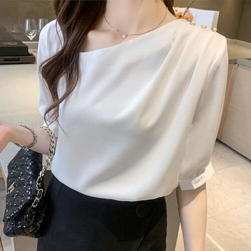 White Summer Women Shirts 2021 Elegant Chiffon Blouse Chic Office Solid Color Fashion Womens Clothing Blusas Mujer 15048