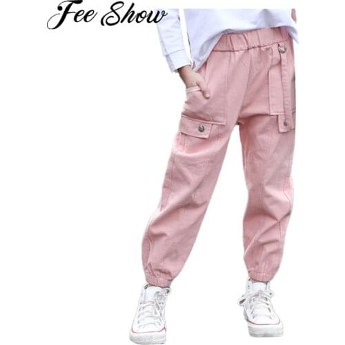 New Fashion Kids Cargo Pants For Teen Girls Cotton Solid Color Loose Elastic Waistband Jogger Pants Children Trousers Streetwear