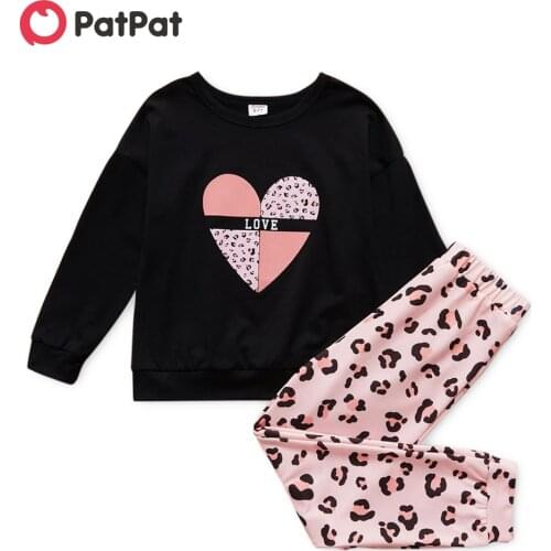 PatPat 2-piece Kid Girl Letter Heart Print Long-sleeve Top and Leopard Print Elasticized Pants Casual Set
