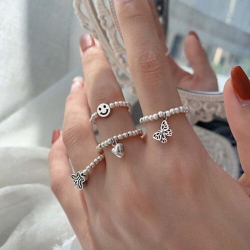 Cute Butterfly Beaded Rings Imitation Pearl Colorful Crystal Rope Chain Rings For Women Continuous Circle Minimalist Ring