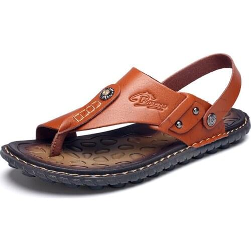 2021 Mens Summer Sandals Breathable Leather Flip-Flops Slippers Beach Sandals Casual Shoes Moccasins Man Beach Sandals