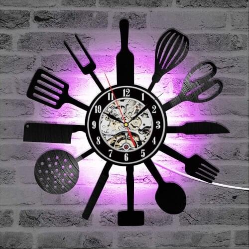 Kitchen Vinyl Record Wall Clock Modern Design Knife and Fork Time Clock with 7 Colors Cahnge 3D Wall Watch Home Decor