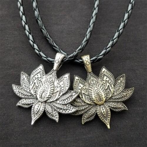 Charm Vintage Mandala Lotus Flower Pendant Necklace For Women Men Metal Leather Chain Necklaces Amulet Religious Jewelry Gifts
