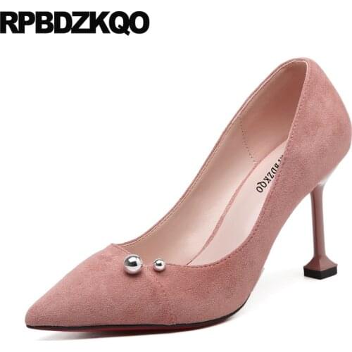Office Party Evening 3 Inch Elegant Pumps High Heels Scarpin Pink Shoes Women Size 4 34 Cheap Suede Metal Pointed Toe Medium