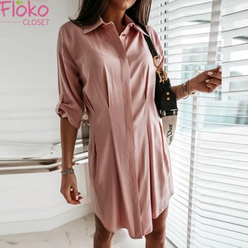 Flokocloset Autumn Solid Long Sleeve Irregular Shirt Dress Casual Office Lady OL Mini Dresses Laides Loose Party Dress Vestido