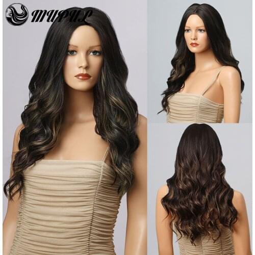 Long Wave Brown Black Ombre Daily Synthetic Wigs For White Women Cosplay Party Nutural Heat Resistant Fiber Hair Female Wig
