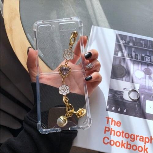 DIY Flower Diamond Hand Chain Bracelet Clear Case For Samsung Galaxy Z Flip Protective Shockproof Anti-Scratch Transparent Cover