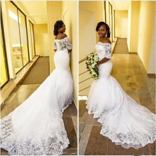 Half Sleeves African Mermaid Wedding Dresses Off-the-shoulder Half Sleeve Lace Bridal Gowns