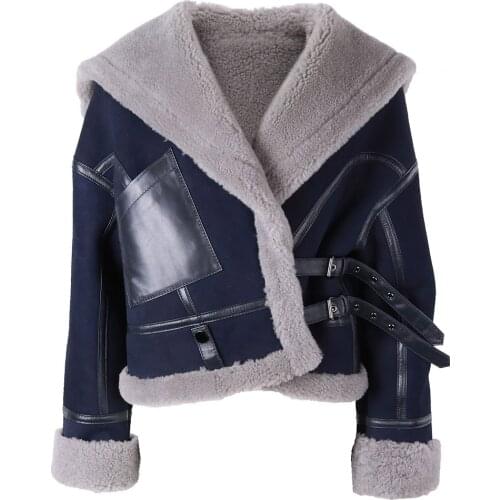 YOLOAagain High Quality Big Fur Collar Shearling Jacket Ladies Lamb Fur Real Leather Coat For Women